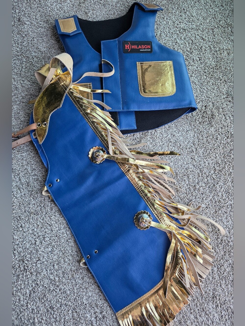 Junior Youth Hilason Pro Rodeo Leather Chaps and Vest Set with Gold Fringe
